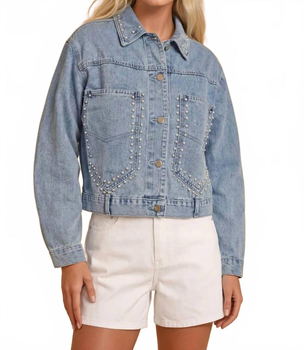 NEW WISTERIA LANE women's studded cropped washed denim jacket in blue